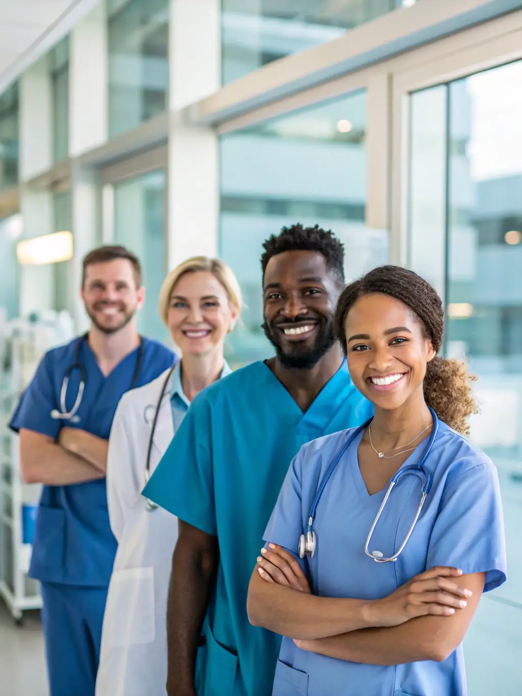 A diverse team of healthcare professionals, including nurses and therapists, collaborating in a modern hospital setting, symbolizing Lumina MedStaff's temporary staffing solutions.