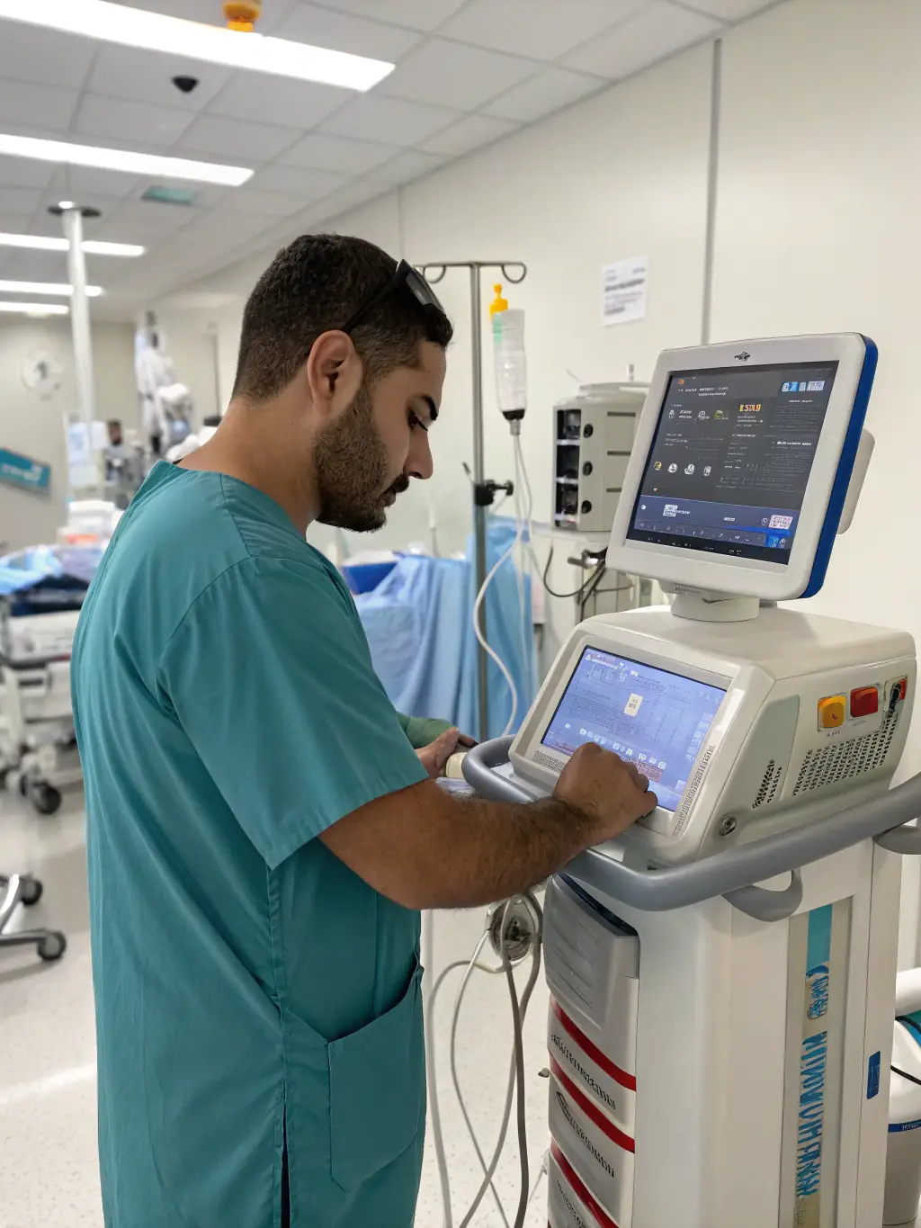 A skilled healthcare technician operating advanced medical equipment in a clinical environment, showcasing Lumina MedStaff's contract staffing expertise.