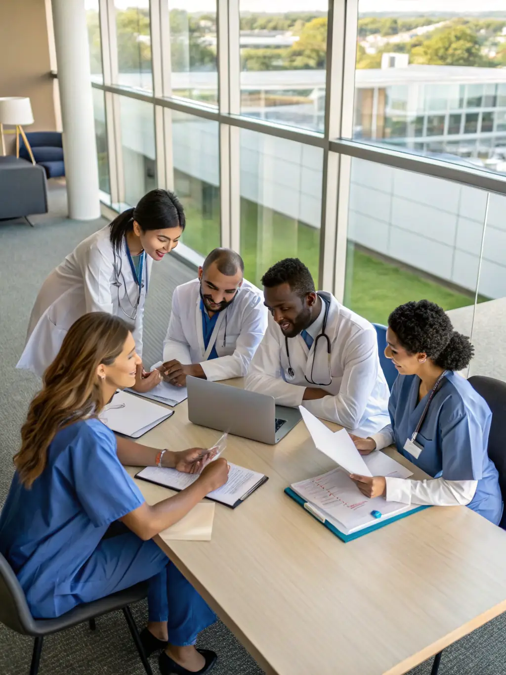 A group of healthcare professionals of various disciplines, such as doctors, nurses, and specialists, consulting and collaborating on patient care strategies in a hospital conference room, highlighting Lumina MedStaff's comprehensive staffing solutions.