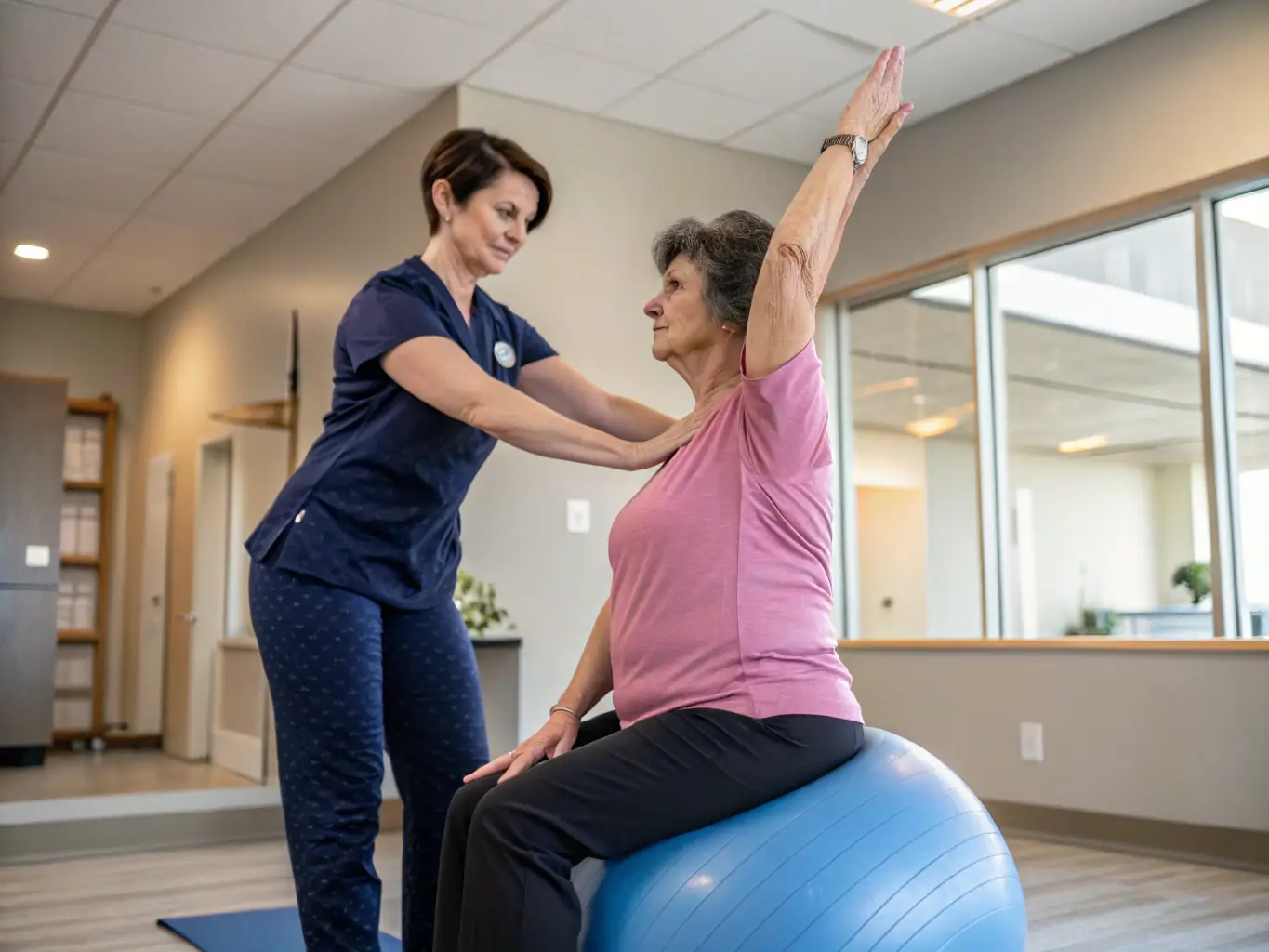 A physical therapist guiding a patient through rehabilitation exercises in a well-equipped clinic.